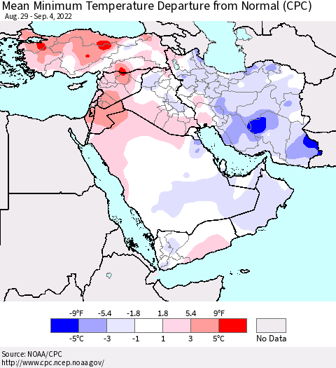 Middle East and Turkey Mean Minimum Temperature Departure from Normal (CPC) Thematic Map For 8/29/2022 - 9/4/2022