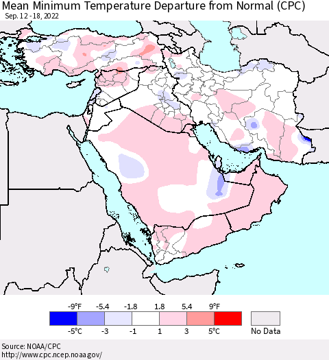 Middle East and Turkey Mean Minimum Temperature Departure from Normal (CPC) Thematic Map For 9/12/2022 - 9/18/2022
