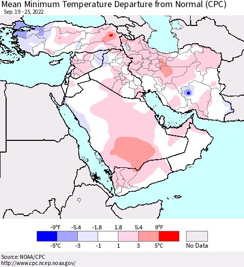Middle East and Turkey Mean Minimum Temperature Departure from Normal (CPC) Thematic Map For 9/19/2022 - 9/25/2022