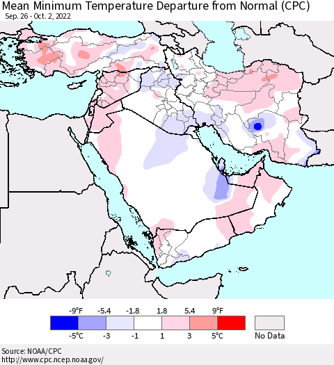Middle East and Turkey Mean Minimum Temperature Departure from Normal (CPC) Thematic Map For 9/26/2022 - 10/2/2022