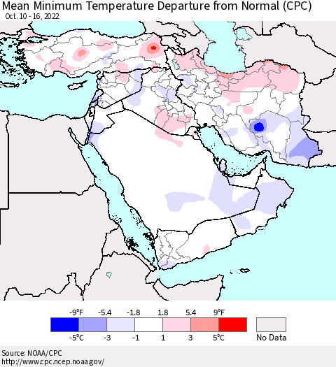 Middle East and Turkey Mean Minimum Temperature Departure from Normal (CPC) Thematic Map For 10/10/2022 - 10/16/2022