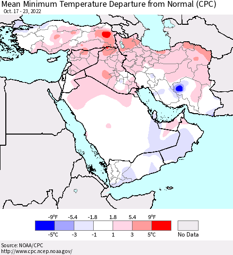 Middle East and Turkey Mean Minimum Temperature Departure from Normal (CPC) Thematic Map For 10/17/2022 - 10/23/2022