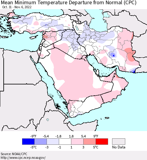 Middle East and Turkey Mean Minimum Temperature Departure from Normal (CPC) Thematic Map For 10/31/2022 - 11/6/2022
