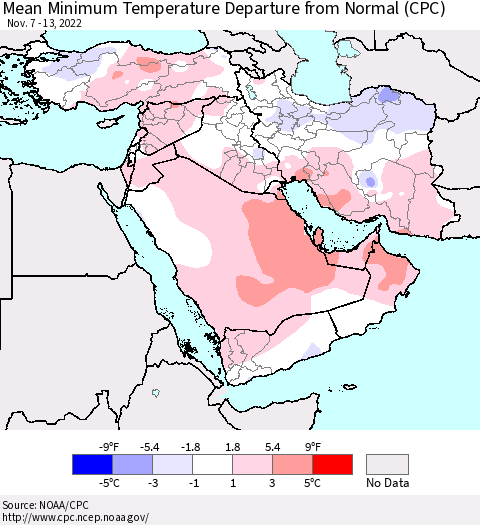 Middle East and Turkey Mean Minimum Temperature Departure from Normal (CPC) Thematic Map For 11/7/2022 - 11/13/2022