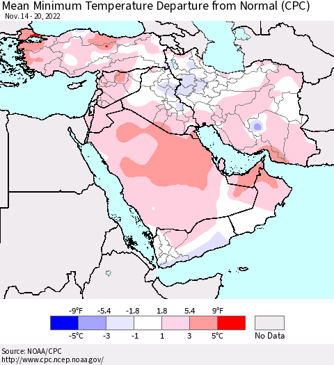 Middle East and Turkey Mean Minimum Temperature Departure from Normal (CPC) Thematic Map For 11/14/2022 - 11/20/2022