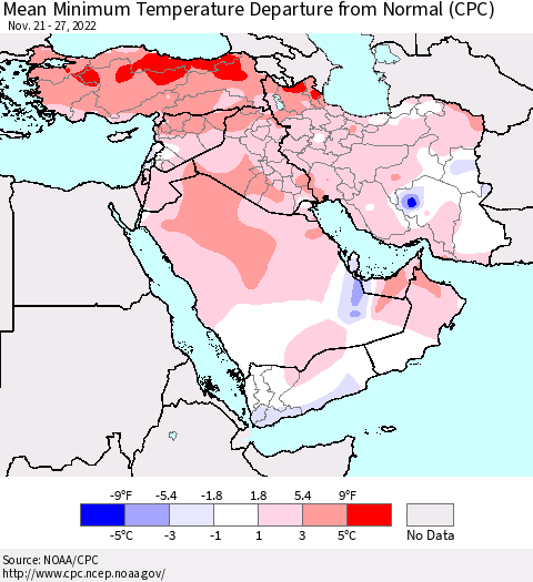 Middle East and Turkey Mean Minimum Temperature Departure from Normal (CPC) Thematic Map For 11/21/2022 - 11/27/2022