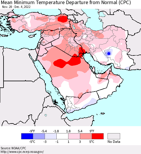 Middle East and Turkey Mean Minimum Temperature Departure from Normal (CPC) Thematic Map For 11/28/2022 - 12/4/2022