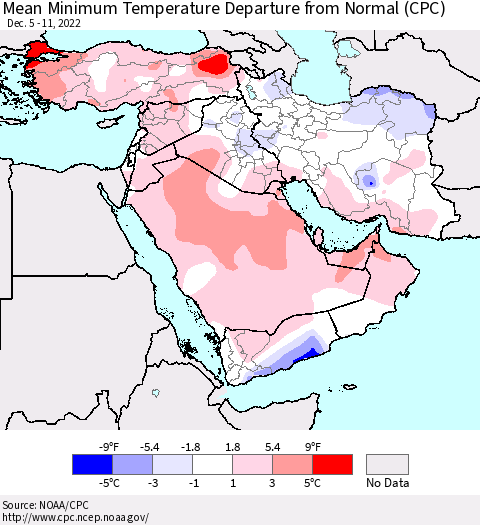 Middle East and Turkey Mean Minimum Temperature Departure from Normal (CPC) Thematic Map For 12/5/2022 - 12/11/2022