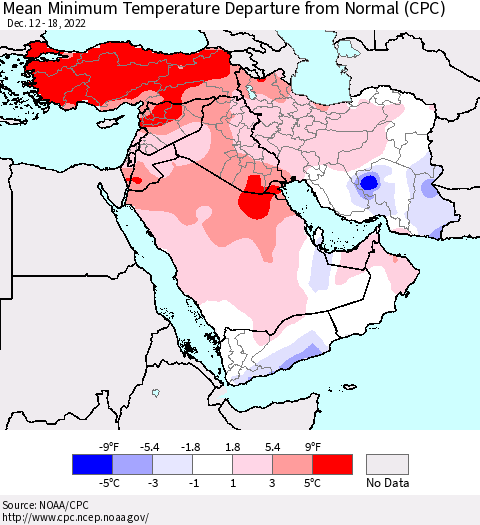 Middle East and Turkey Mean Minimum Temperature Departure from Normal (CPC) Thematic Map For 12/12/2022 - 12/18/2022