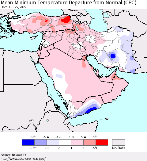 Middle East and Turkey Mean Minimum Temperature Departure from Normal (CPC) Thematic Map For 12/19/2022 - 12/25/2022