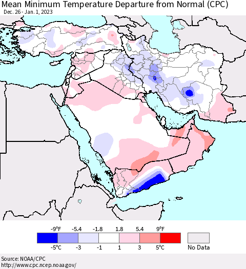 Middle East and Turkey Mean Minimum Temperature Departure from Normal (CPC) Thematic Map For 12/26/2022 - 1/1/2023