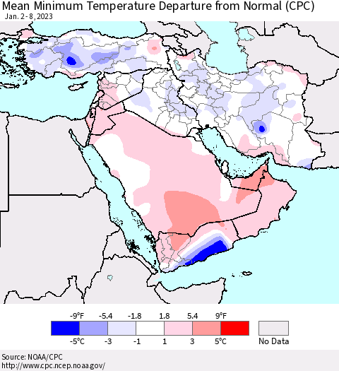 Middle East and Turkey Mean Minimum Temperature Departure from Normal (CPC) Thematic Map For 1/2/2023 - 1/8/2023