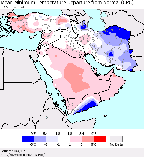 Middle East and Turkey Mean Minimum Temperature Departure from Normal (CPC) Thematic Map For 1/9/2023 - 1/15/2023