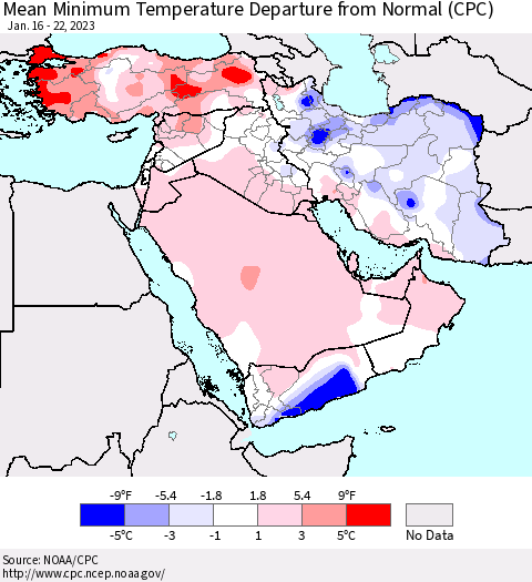 Middle East and Turkey Mean Minimum Temperature Departure from Normal (CPC) Thematic Map For 1/16/2023 - 1/22/2023