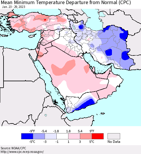 Middle East and Turkey Mean Minimum Temperature Departure from Normal (CPC) Thematic Map For 1/23/2023 - 1/29/2023