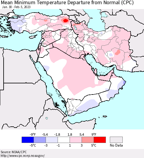 Middle East and Turkey Mean Minimum Temperature Departure from Normal (CPC) Thematic Map For 1/30/2023 - 2/5/2023
