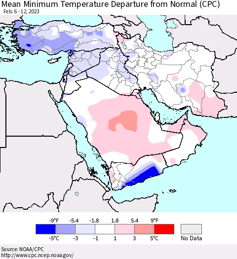 Middle East and Turkey Mean Minimum Temperature Departure from Normal (CPC) Thematic Map For 2/6/2023 - 2/12/2023