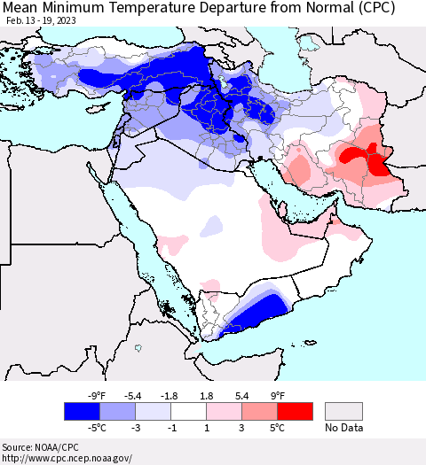 Middle East and Turkey Mean Minimum Temperature Departure from Normal (CPC) Thematic Map For 2/13/2023 - 2/19/2023