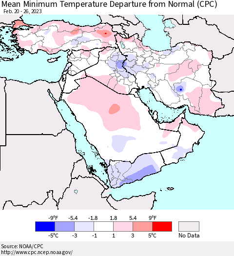Middle East and Turkey Mean Minimum Temperature Departure from Normal (CPC) Thematic Map For 2/20/2023 - 2/26/2023