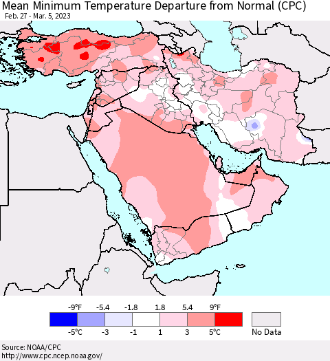 Middle East and Turkey Mean Minimum Temperature Departure from Normal (CPC) Thematic Map For 2/27/2023 - 3/5/2023