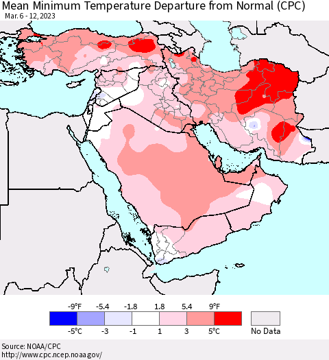 Middle East and Turkey Mean Minimum Temperature Departure from Normal (CPC) Thematic Map For 3/6/2023 - 3/12/2023