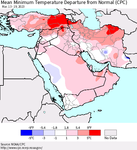 Middle East and Turkey Mean Minimum Temperature Departure from Normal (CPC) Thematic Map For 3/13/2023 - 3/19/2023