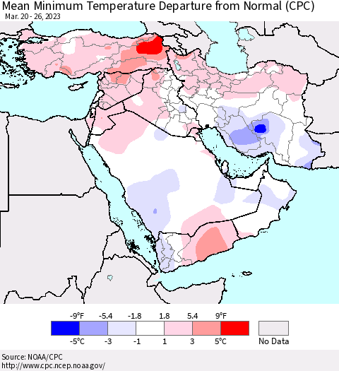 Middle East and Turkey Mean Minimum Temperature Departure from Normal (CPC) Thematic Map For 3/20/2023 - 3/26/2023