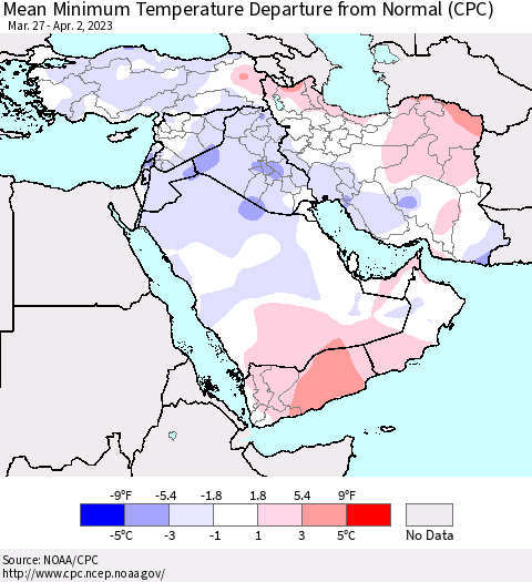 Middle East and Turkey Mean Minimum Temperature Departure from Normal (CPC) Thematic Map For 3/27/2023 - 4/2/2023