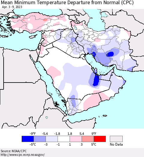 Middle East and Turkey Mean Minimum Temperature Departure from Normal (CPC) Thematic Map For 4/3/2023 - 4/9/2023