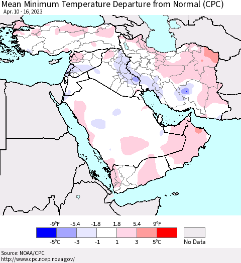 Middle East and Turkey Mean Minimum Temperature Departure from Normal (CPC) Thematic Map For 4/10/2023 - 4/16/2023