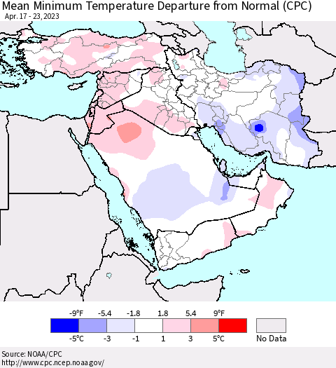 Middle East and Turkey Mean Minimum Temperature Departure from Normal (CPC) Thematic Map For 4/17/2023 - 4/23/2023