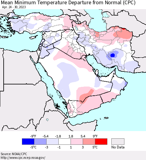 Middle East and Turkey Mean Minimum Temperature Departure from Normal (CPC) Thematic Map For 4/24/2023 - 4/30/2023