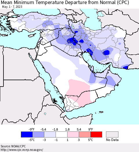 Middle East and Turkey Mean Minimum Temperature Departure from Normal (CPC) Thematic Map For 5/1/2023 - 5/7/2023