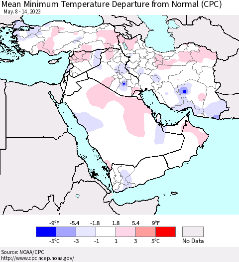 Middle East and Turkey Mean Minimum Temperature Departure from Normal (CPC) Thematic Map For 5/8/2023 - 5/14/2023