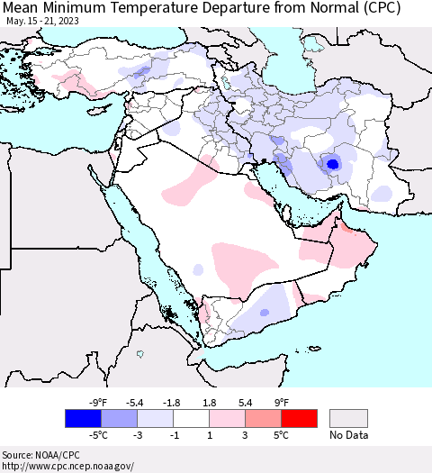 Middle East and Turkey Mean Minimum Temperature Departure from Normal (CPC) Thematic Map For 5/15/2023 - 5/21/2023