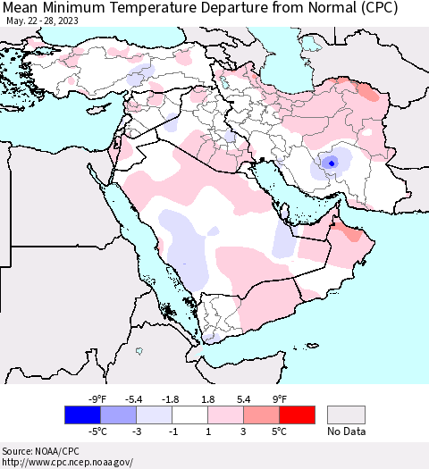 Middle East and Turkey Mean Minimum Temperature Departure from Normal (CPC) Thematic Map For 5/22/2023 - 5/28/2023