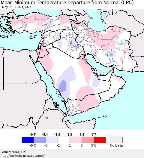 Middle East and Turkey Mean Minimum Temperature Departure from Normal (CPC) Thematic Map For 5/29/2023 - 6/4/2023