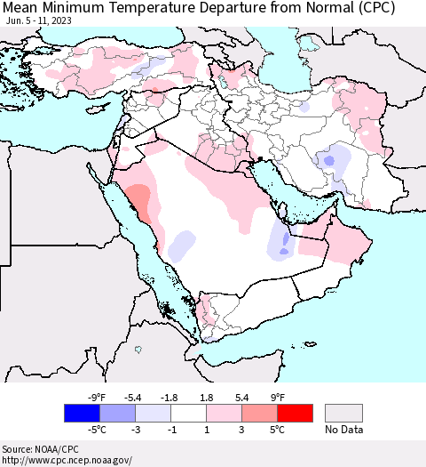 Middle East and Turkey Mean Minimum Temperature Departure from Normal (CPC) Thematic Map For 6/5/2023 - 6/11/2023
