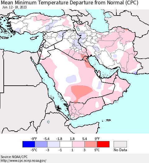 Middle East and Turkey Mean Minimum Temperature Departure from Normal (CPC) Thematic Map For 6/12/2023 - 6/18/2023
