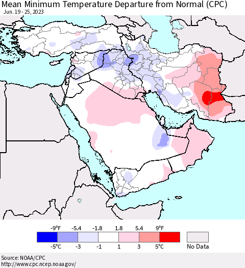 Middle East and Turkey Mean Minimum Temperature Departure from Normal (CPC) Thematic Map For 6/19/2023 - 6/25/2023
