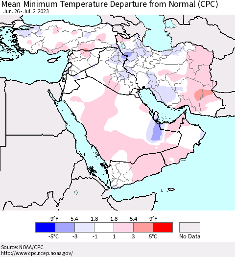 Middle East and Turkey Mean Minimum Temperature Departure from Normal (CPC) Thematic Map For 6/26/2023 - 7/2/2023