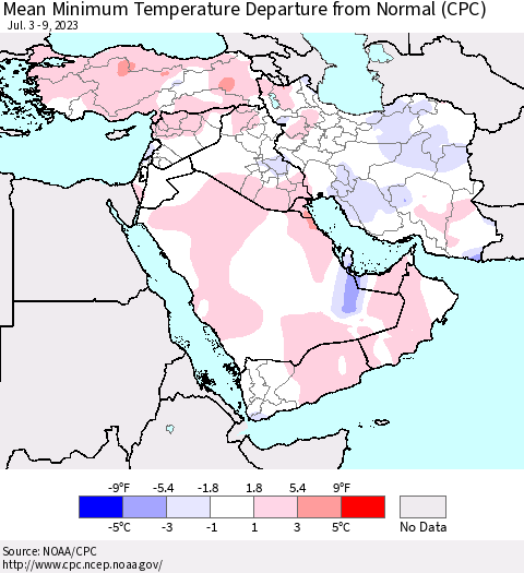Middle East and Turkey Mean Minimum Temperature Departure from Normal (CPC) Thematic Map For 7/3/2023 - 7/9/2023