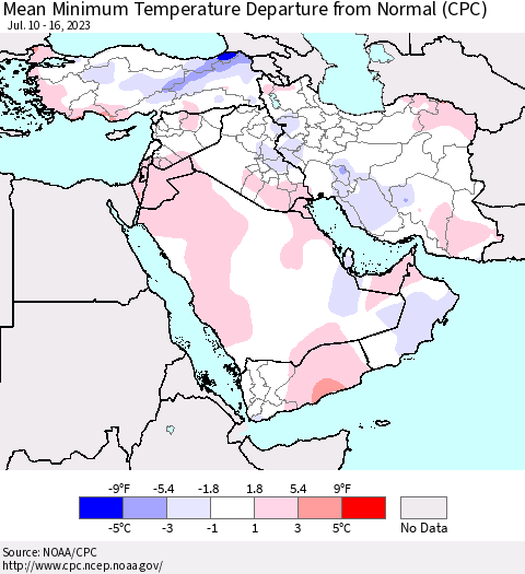 Middle East and Turkey Mean Minimum Temperature Departure from Normal (CPC) Thematic Map For 7/10/2023 - 7/16/2023