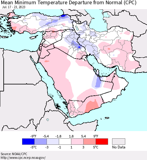 Middle East and Turkey Mean Minimum Temperature Departure from Normal (CPC) Thematic Map For 7/17/2023 - 7/23/2023
