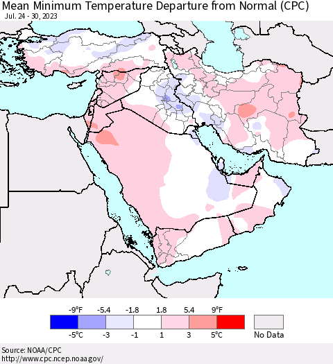 Middle East and Turkey Mean Minimum Temperature Departure from Normal (CPC) Thematic Map For 7/24/2023 - 7/30/2023