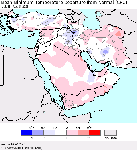 Middle East and Turkey Mean Minimum Temperature Departure from Normal (CPC) Thematic Map For 7/31/2023 - 8/6/2023