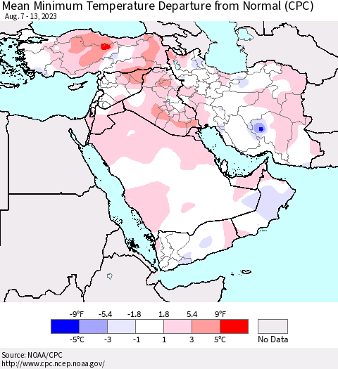 Middle East and Turkey Mean Minimum Temperature Departure from Normal (CPC) Thematic Map For 8/7/2023 - 8/13/2023
