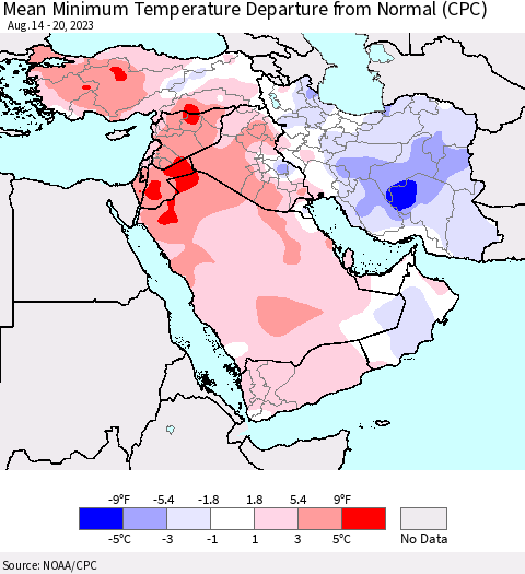 Middle East and Turkey Mean Minimum Temperature Departure from Normal (CPC) Thematic Map For 8/14/2023 - 8/20/2023