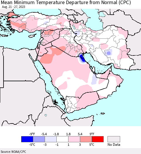 Middle East and Turkey Mean Minimum Temperature Departure from Normal (CPC) Thematic Map For 8/21/2023 - 8/27/2023