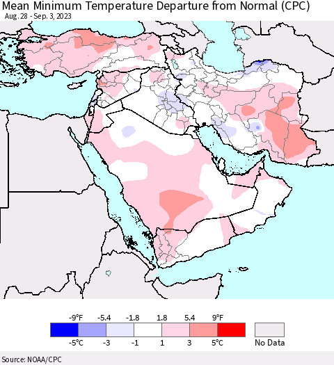 Middle East and Turkey Mean Minimum Temperature Departure from Normal (CPC) Thematic Map For 8/28/2023 - 9/3/2023